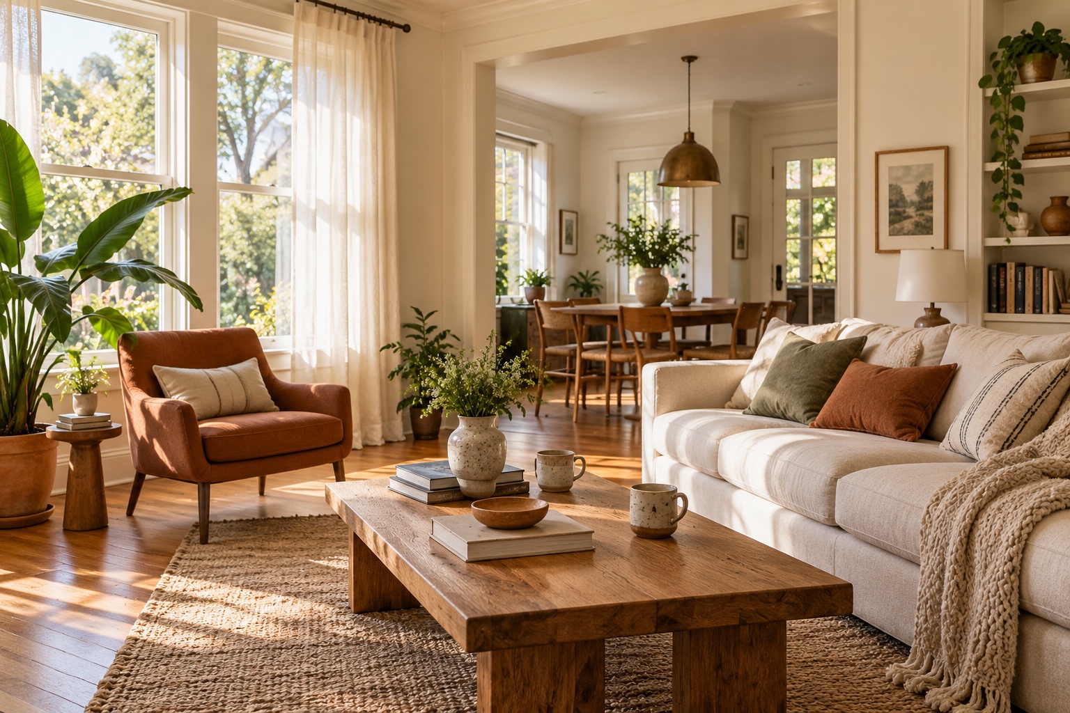 An inviting, sunlit shared living space with a cream sofa and warm wood furniture